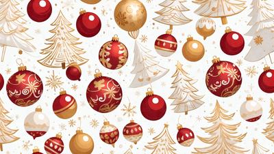 The primary subject of the image is a collection of Christmas ornaments, including red and gold balls, placed on a tree. The setting is a Christmas tree, and the visual style is a colorful, festive illustration. The dominant colors are red and gold, creating a warm and joyful atmosphere.